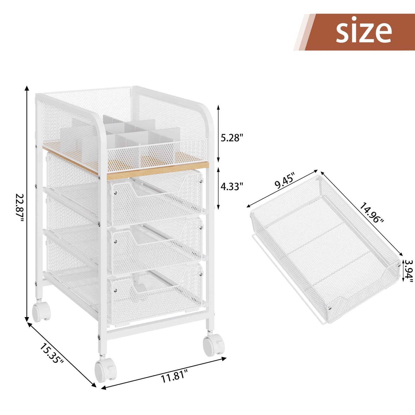Rolling Makeup Cart Organizer with 3 Drawers, 4-Tier Narrow Floor Skincare Organizers with dividers, Vanity Organizer Cosmetics Display Cases for Makeup Brush, Hair Tool, White