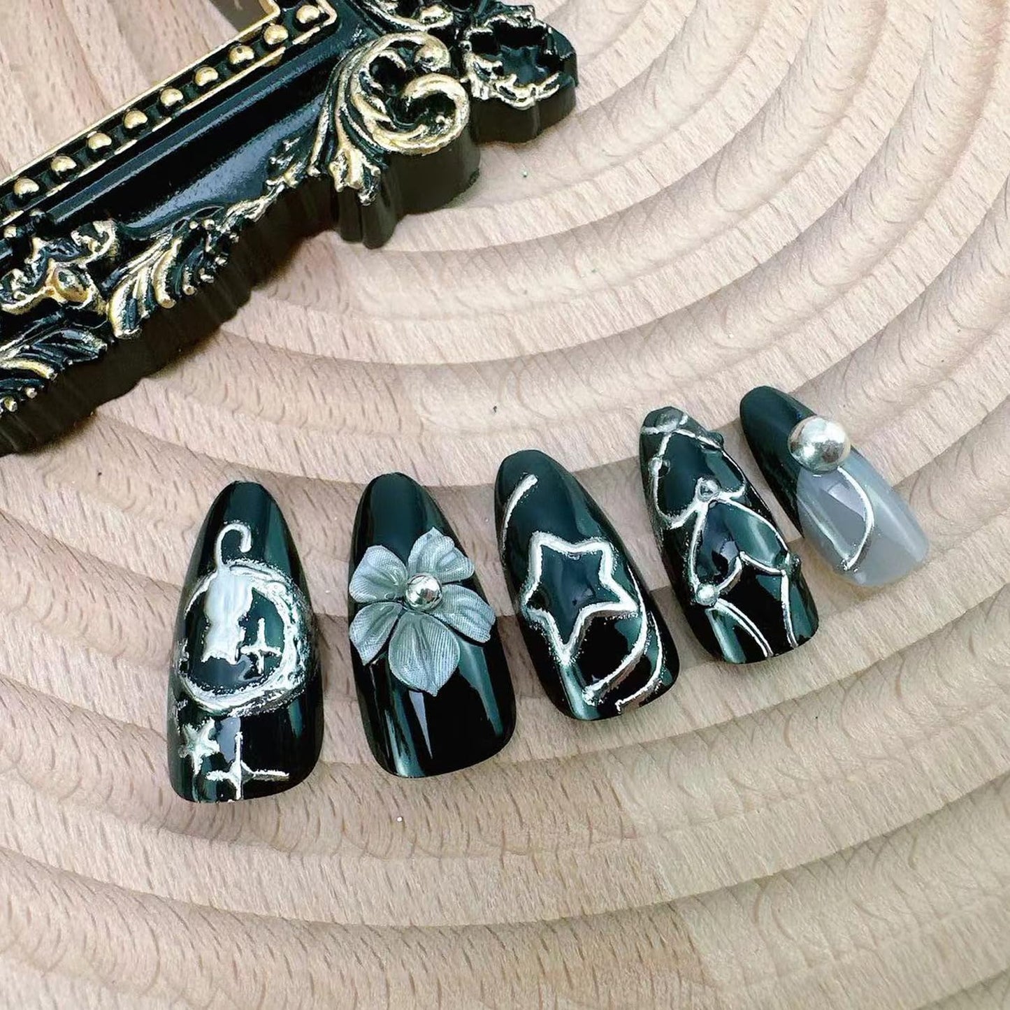 Black Chrome Press-On Nails - Medium Almond Gothic Acrylic Nails with 3D Flower & Rhinestones | 24-Pcs Nail Kit for Women