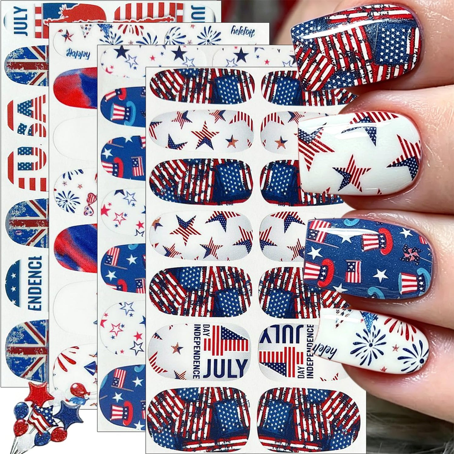 4th of July Gel Nail Stickers Star American Flag Design Independence Day Gel Nail Polish Strips Firework Balloon Patriotic Full Nail Wrap Decals Holiday Nail Strips Stickers for Women Manicure 4Sheets