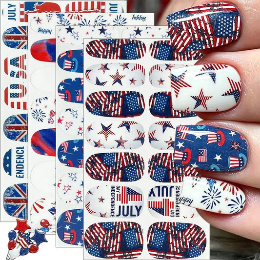 4th of July Gel Nail Stickers Star American Flag Design Independence Day Gel Nail Polish Strips Firework Balloon Patriotic Full Nail Wrap Decals Holiday Nail Strips Stickers for Women Manicure 4Sheets