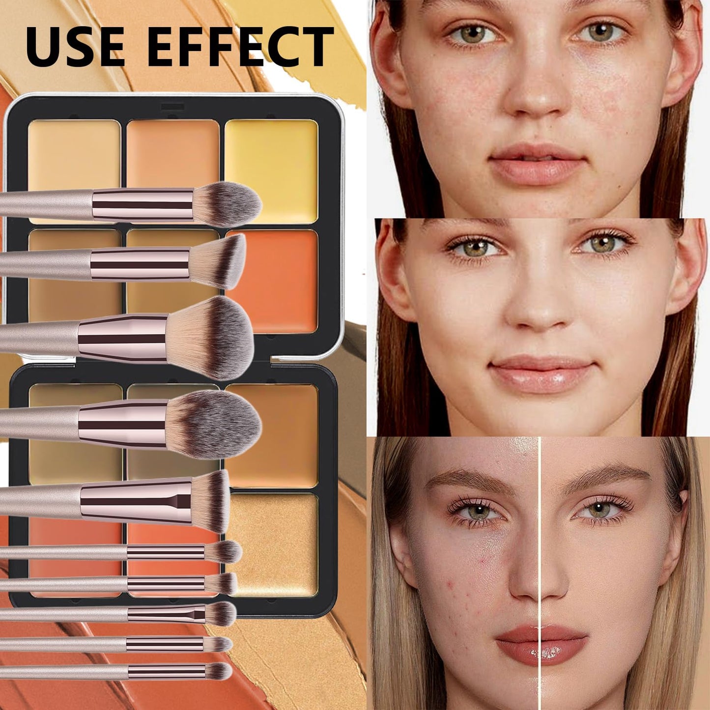 JasCherry Makeup Kit, 12 Colors Vegan Eyeshadow Concealer Palette with 10 Professional Champagne Gold Makeup Brushes Set, Cruelty-Free, Gift Set for Women, Teens, Beginners(A)