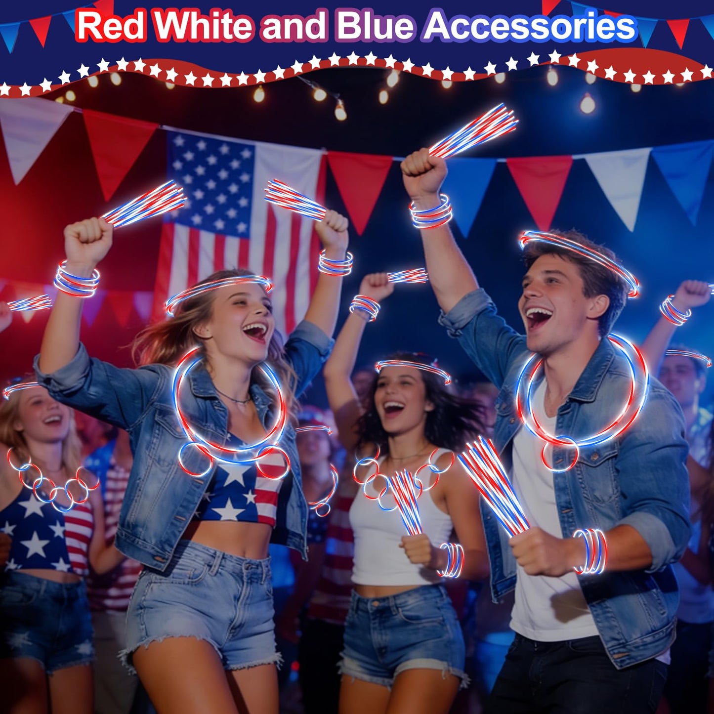 200 PCS 4th of July Glow Sticks Bulk with Connectors,Red White Blue 3 Colors In 1 Glow in The Dark Stick, Light Up Bracelets & Necklaces for Kids & Adults, 250th Anniversary USA Party Favor Supplies
