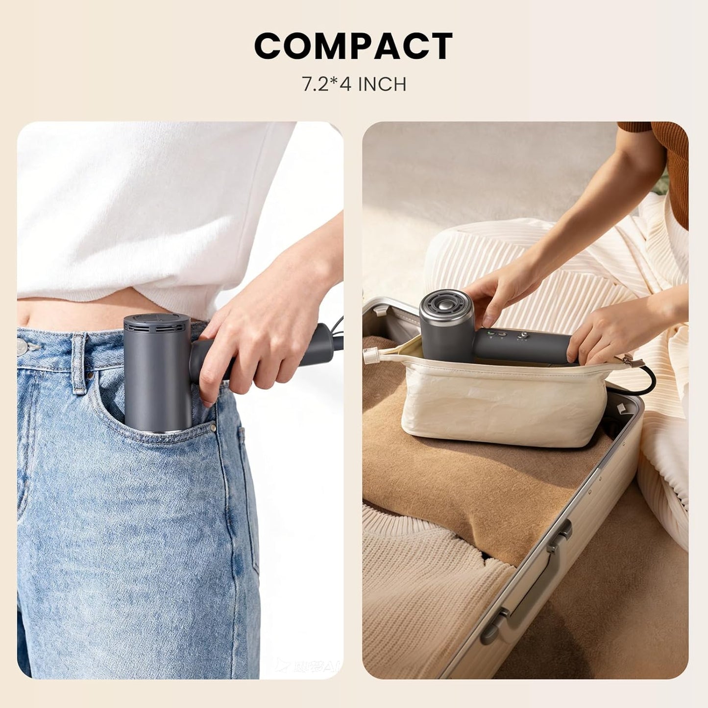 JIGGL Dual-Voltage Mini Travel Hair Dryer - Ionic Blow Dryer with Magnetic Diffuser & European Plug Adapter | Compact & Lightweight for Curly Hair - Gray
