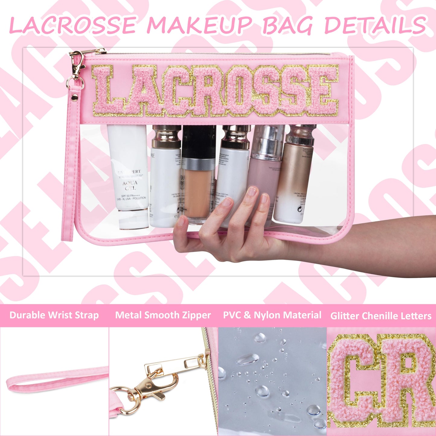 BuyCard 2 Pcs Lacrosse Gifts Makeup Bag with Chenille Letter Patch, Clear Cosmetic Pouch PVC Organizer Purse, Waterproof Travel Bag, Portable Toiletry Storage Bag for Her Girls Friends Women