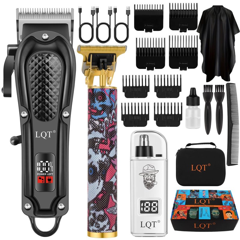 LQT Hair Clippers for Men, Electric Beard Trimmer Nose and Ear Hair Trimmer Rechargeable Cordless Clippers for Men with Comb, Wrap, Bag, to Son Husband Father Men's Gifts