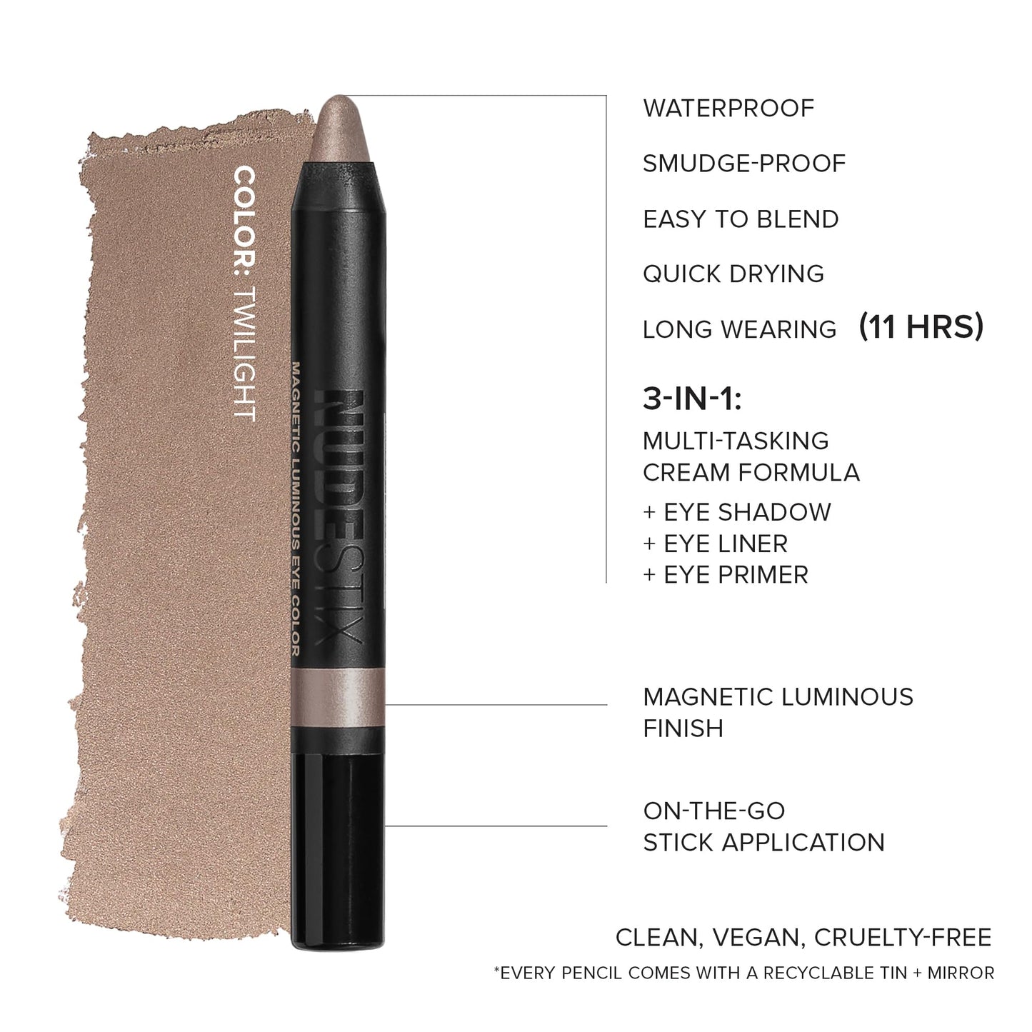 Nudestix Magnetic Luminous Eye Color – 4-in-1 Cream Eyeshadow Stick, Eyeliner, Primer & Highlighter | Long-Wear, Waterproof Satin Finish | Vegan & Cruelty-Free Eye Makeup, Shade: Twilight