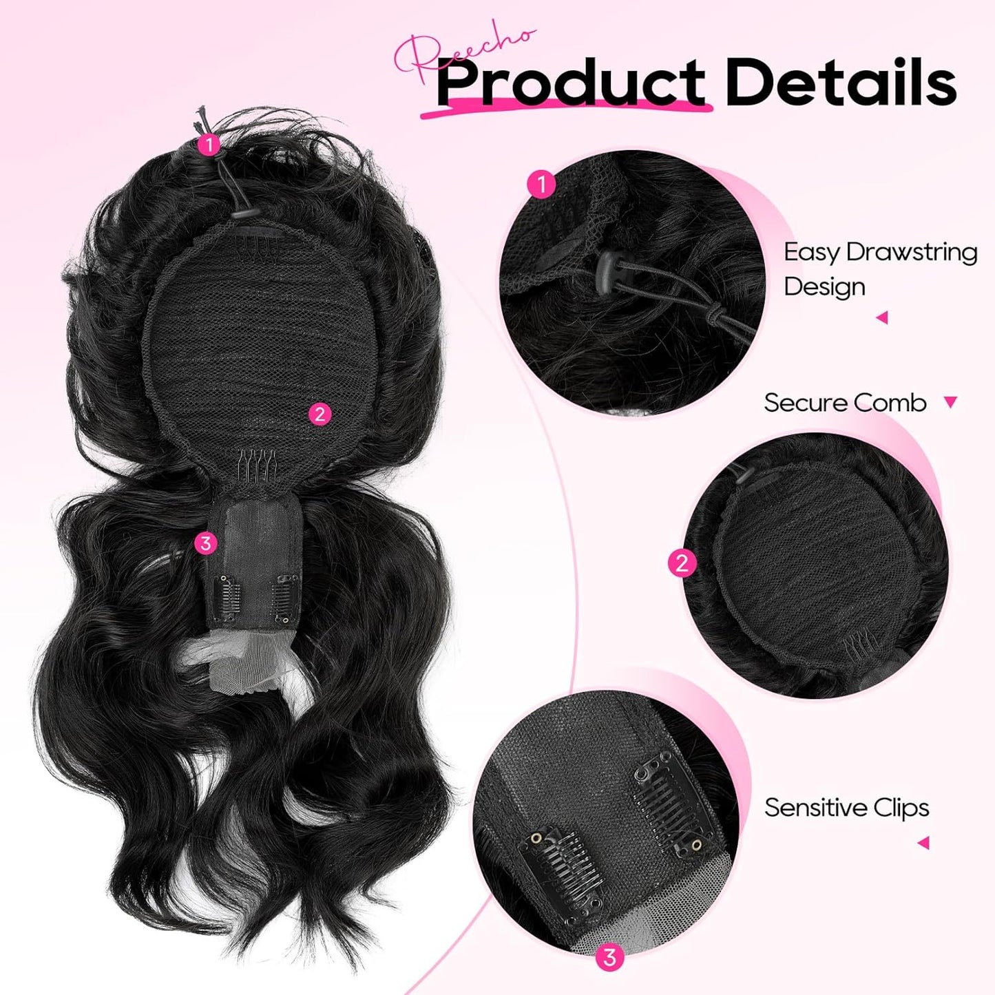 Messy Bun Hair Piece with Bangs - 2-in-1 Drawstring Ponytail Extension & Updo Wig | Natural-Looking Black Hair Topper