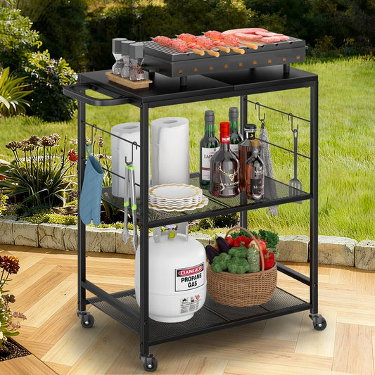 DAOUTIME Grill Cart for Outside, 3-Tier BBQ Food Prep Rolling Table Cart, with 23.62" Lx 15.75" W Rust-Resistant Tabletop, Outdoor Pizza Oven Table Ideal for Patio Backyard Kitchen Tools Room