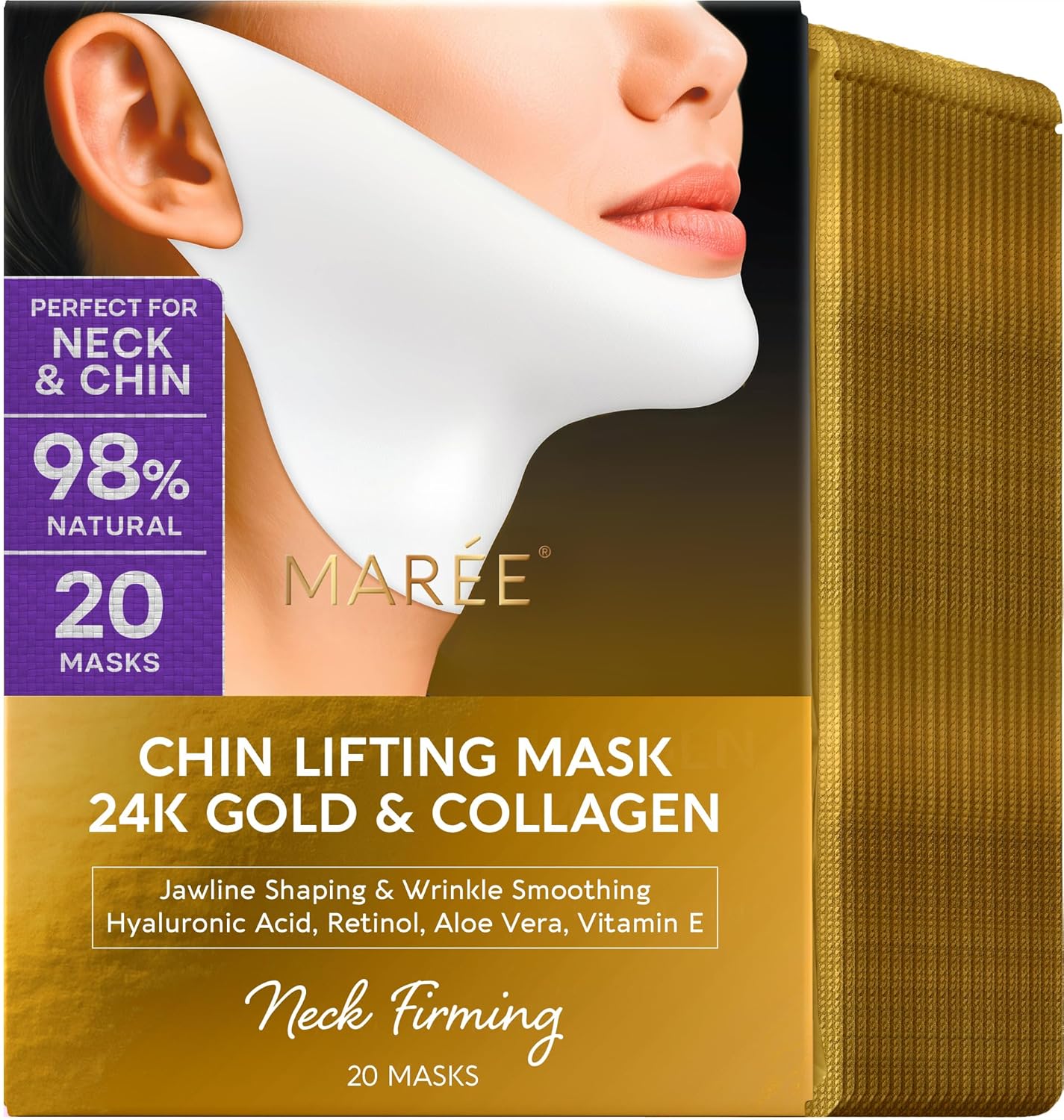 V Line Lifting Mask - 24K Gold Deep Collagen Face Mask for Women | Neck Tightening & Firming, Jawline Shaper with Retinol & Hyaluronic Acid