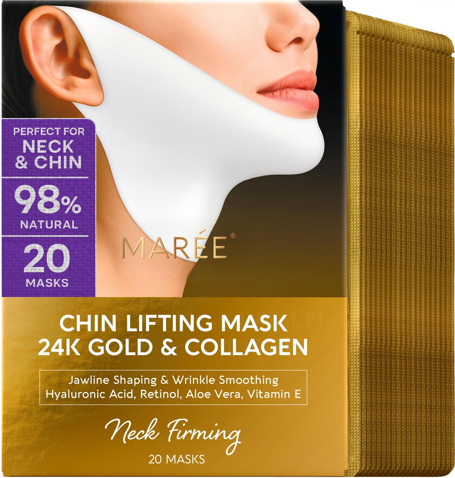 MAREE V Line Lifting Mask with 24K Gold – Deep Collagen Face Mask for Women – Jawline Shaper Mask with Retinol & Hyaluronic Acid – Neck Tightening & Firming – Double Chin Strap for Face Lift
