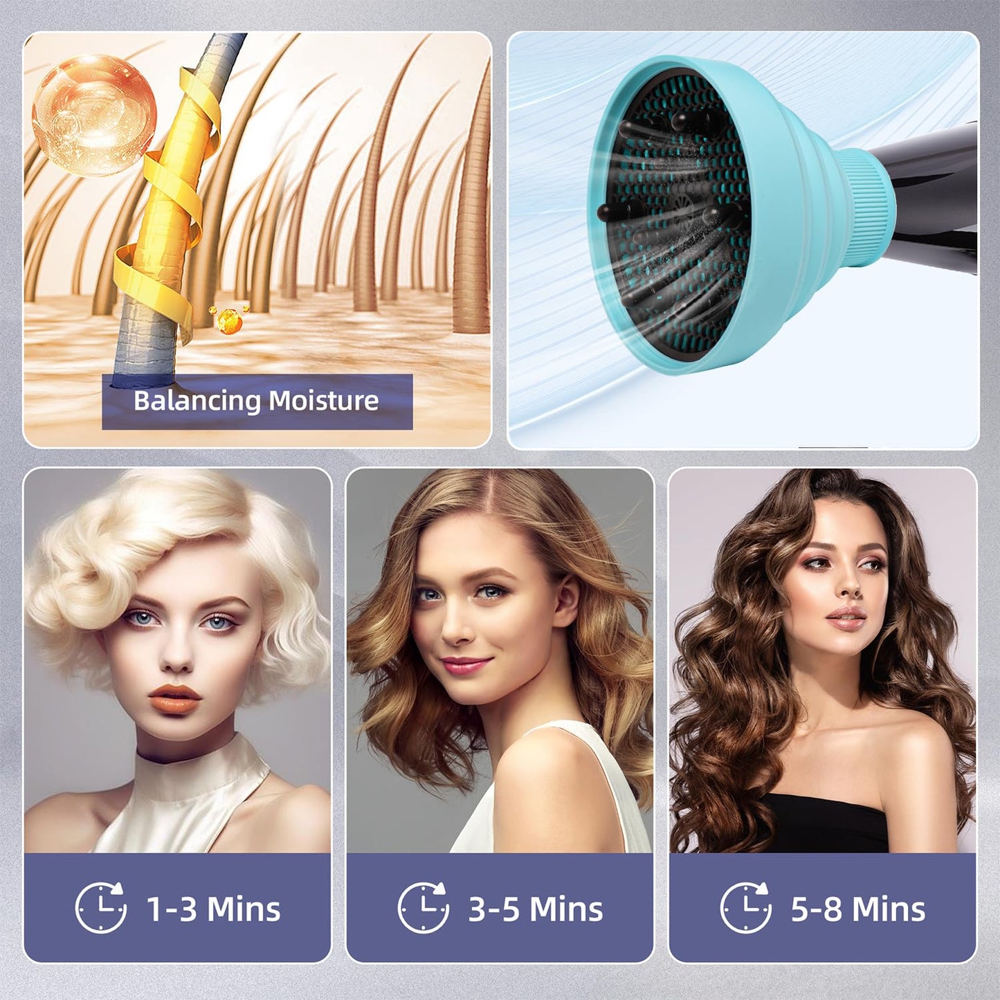 Collapsible Hair Dryer Diffuser Attachment - Portable & Foldable Hair Diffuser for Most Hair Dryers | Fits Nozzle Diameter 1.575-1.968 Inch - Blue