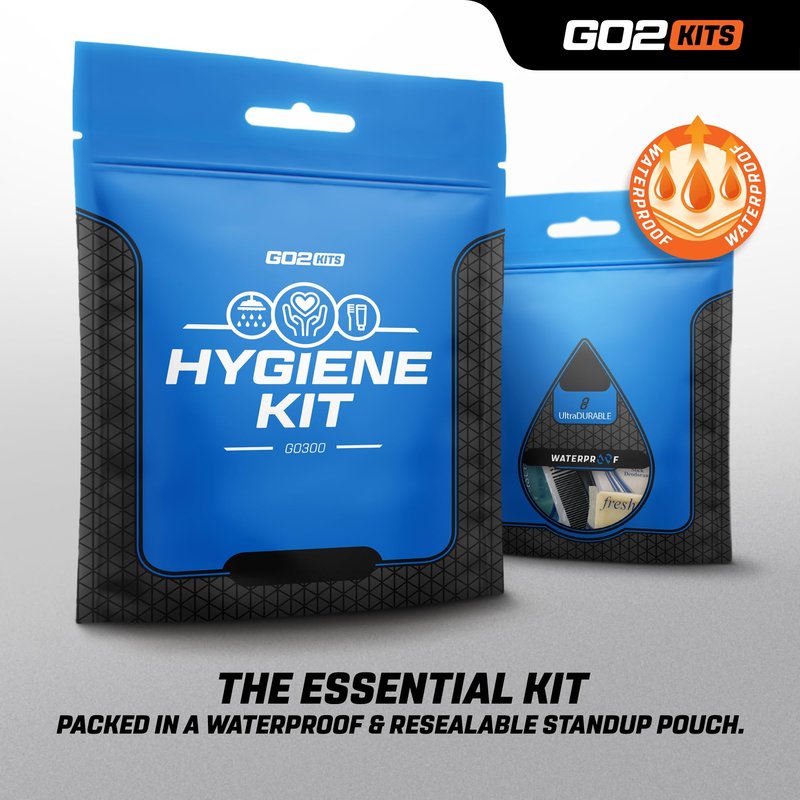 Go2Kits Travel Toiletry Kit, Hygiene Kit with Shaving Supplies for Travel, Business & Charity with Reusable Toothbrush, Bath Soap & Other Essential Toiletries, 3-Pack (GO300)