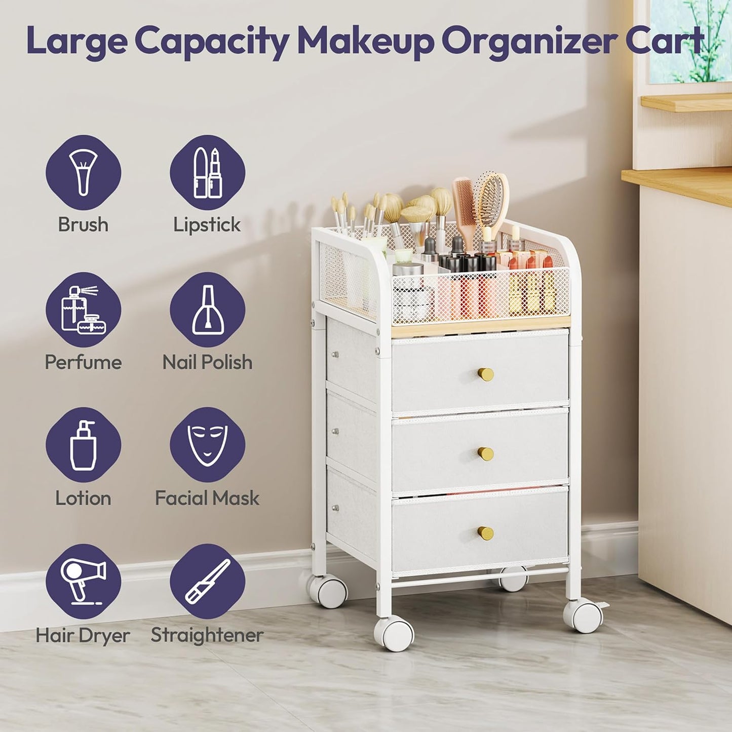 Rolling Makeup Organizer Cart - Under Desk Vanity Storage with 3 Drawers | Cosmetic Display & Nail Tool Cabinet