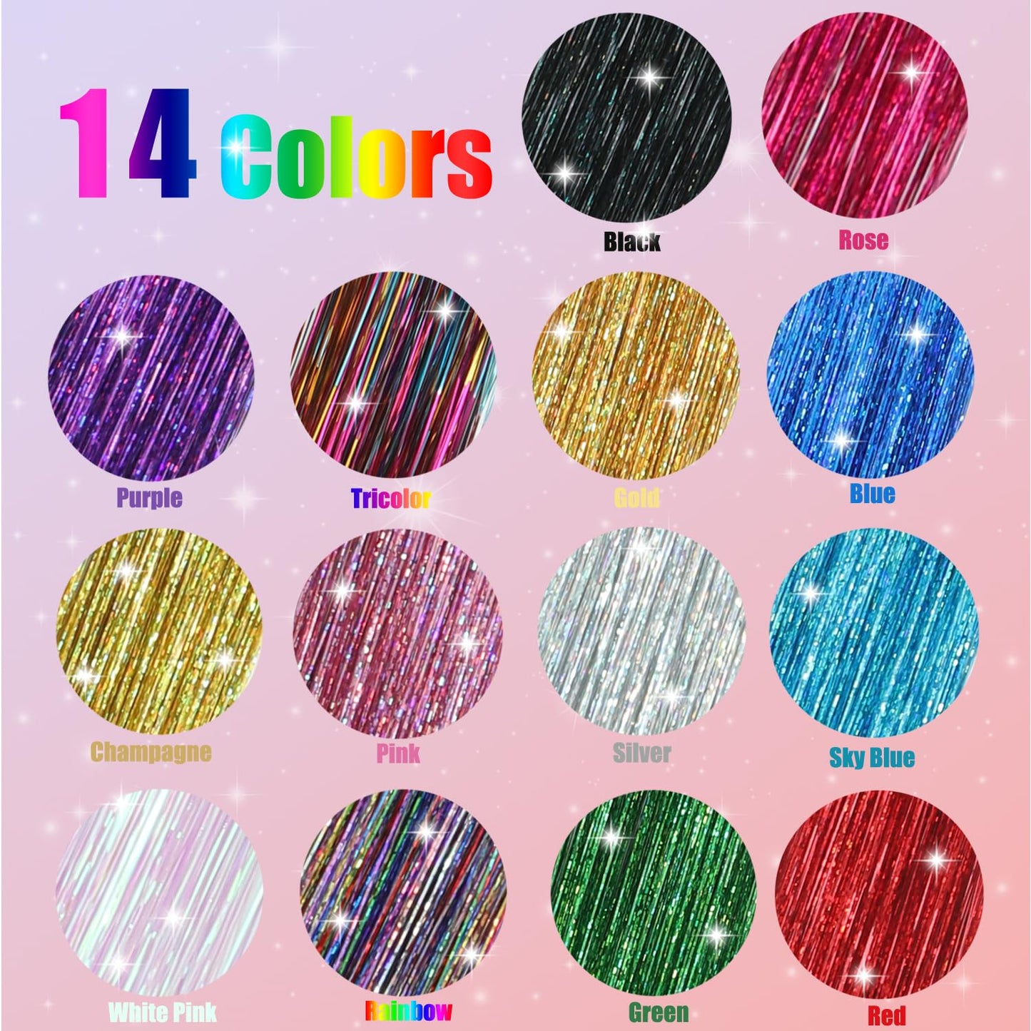 Hair Tinsel Kit - 6000 Strands of 48-Inch Glitter Extensions | Heat Resistant Fairy Hair Accessories for Women & Girls (14 Colors)