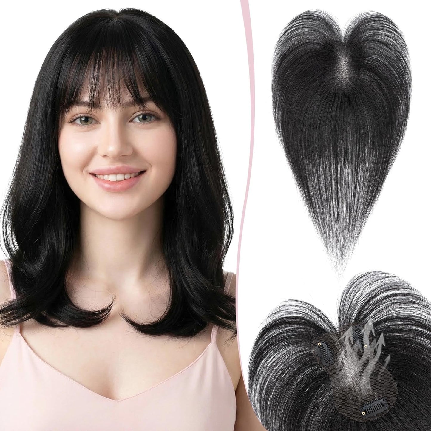 Real Human Hair Toppers for Women - Hand-Tied Clip-In Hairpieces with Side Bangs | 11-Inch Dark Brown