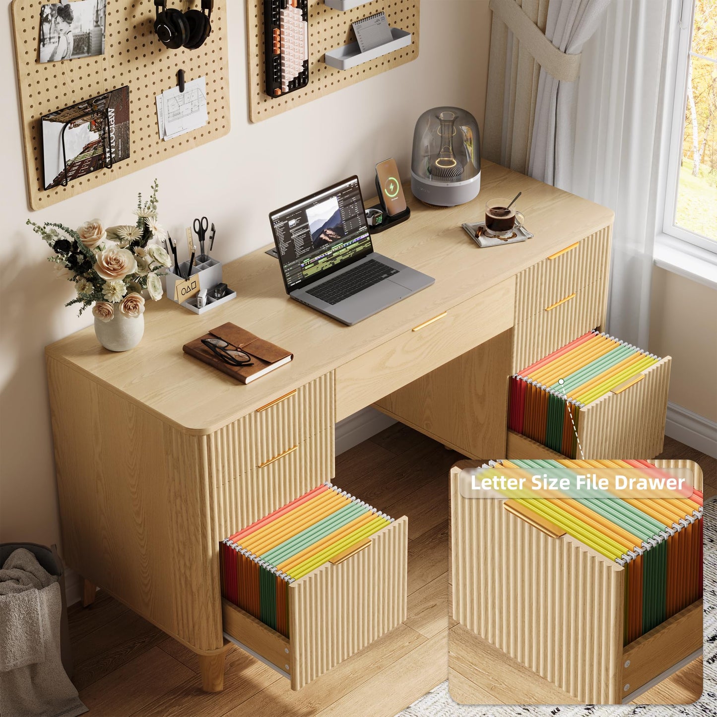 Oxirth 55.1" Fluted Executive Desk with Drawers, Wood Computer Desk with Storage Cabinet, Home Office Desk with Charging Station, Farmhouse Desk with File Cabinet for Office Home (Nature)