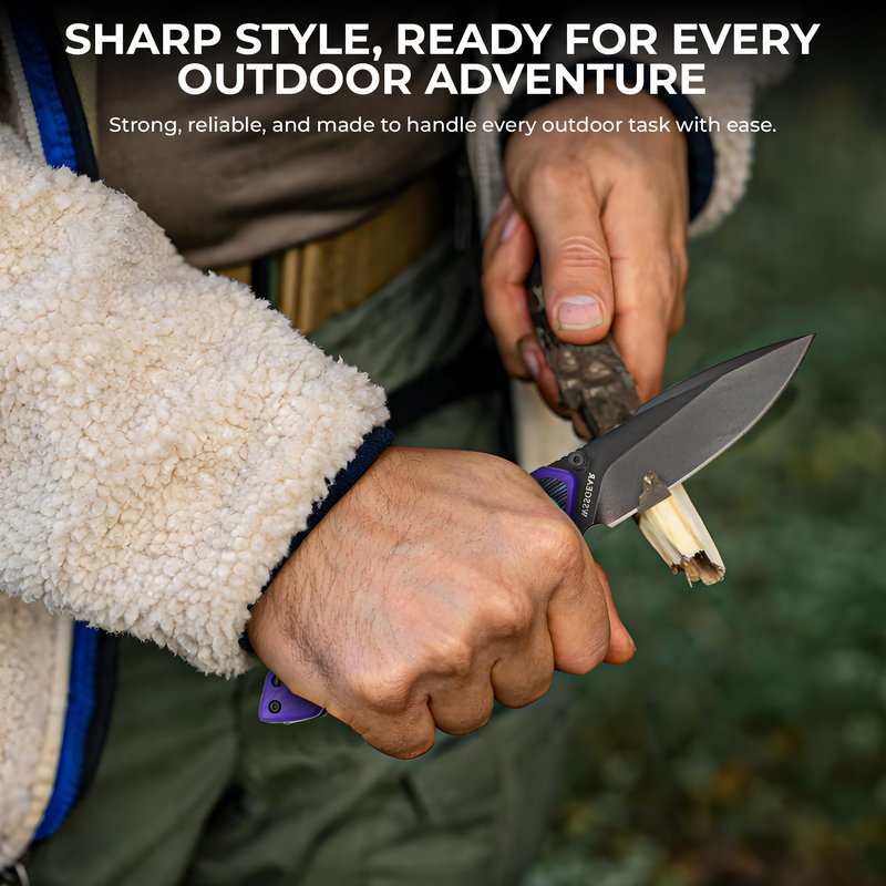 WSSGEAR D2 Steel Folding Pocket Knife with Side Lock - 4.64” Purple G10 Handle, Blue Damascus Inlay, Black Titanium Coated EDC Blade, Bonus Emergency Pocket Wire Saw