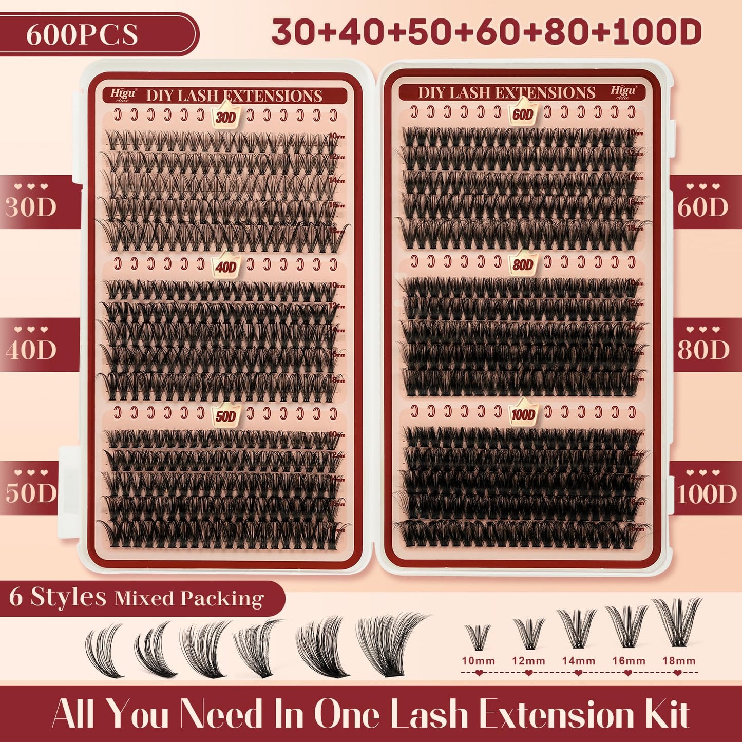 Higu clace Lash Clusters 600pcs 30D+40D+50D+60D+80D+100D Eyelash Clusters 6 Styles Mixed 10-18MM, Wispy Cluster Eyelash Extensions, Easy to Use, Can DIY at Home