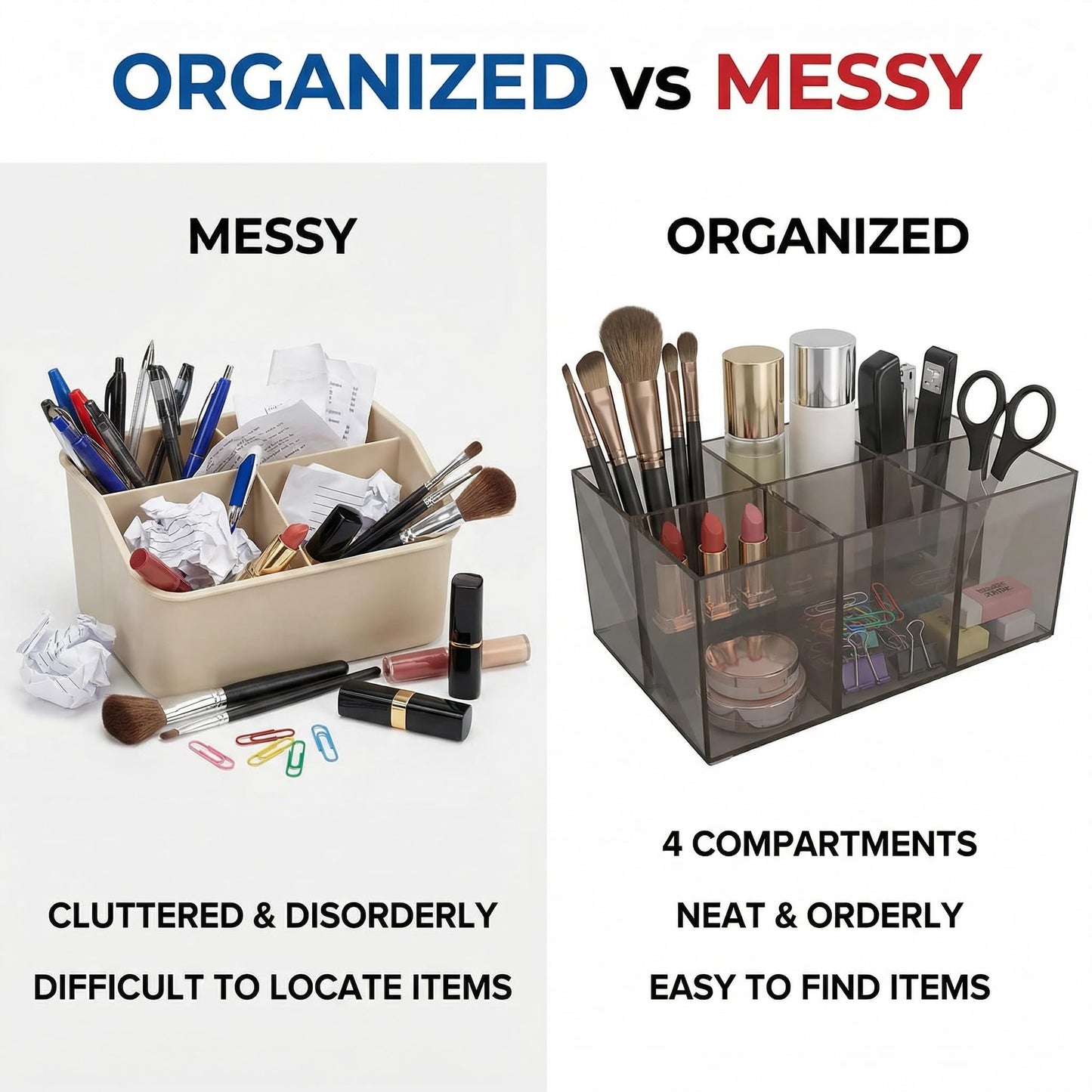 Makeup Brush Holder with Four Compartments, Versatile Desktop Storage Organizer for Makeup Eyeliners and Office Supplies, Easy Access Neat Desks GREY