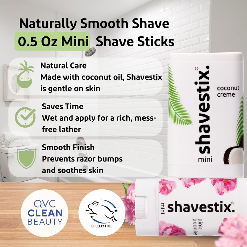 Shavestix Travel Shaving Cream Stick Set 0.5 Oz Each | Coconut Crème & Pink Peonies Mini Shave Bars | TSA Friendly Toiletries for Women & Men | Alt Shaving Gel, Soap