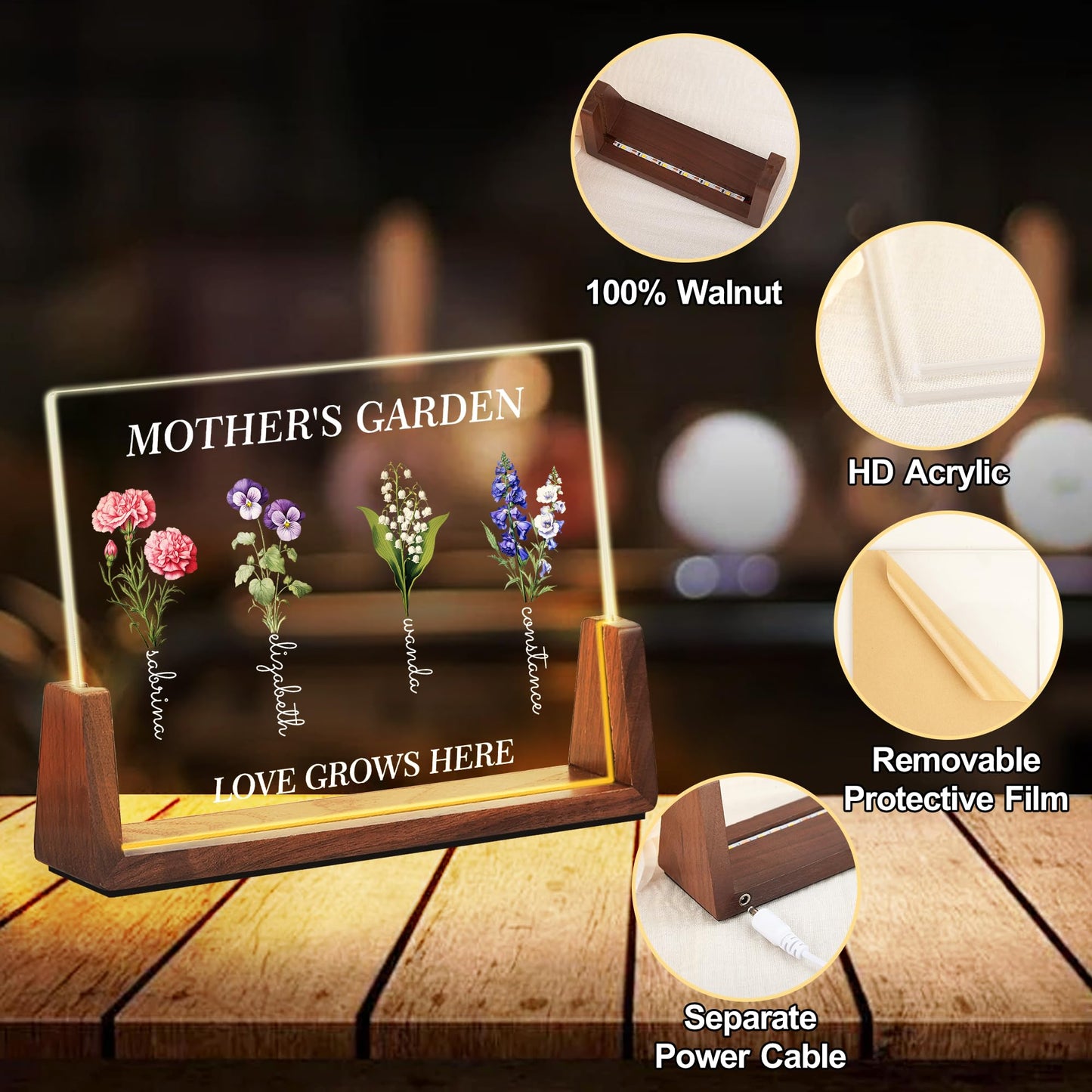 Bohva Personalized Mothers Day Birthday Gifts For Mom Grandma Wife, Custom Mom Gifts From Daughter Son, Customized Birth Flower Mothers Garden Plaque Light Up Picture Frame For Mama Grandma Gift