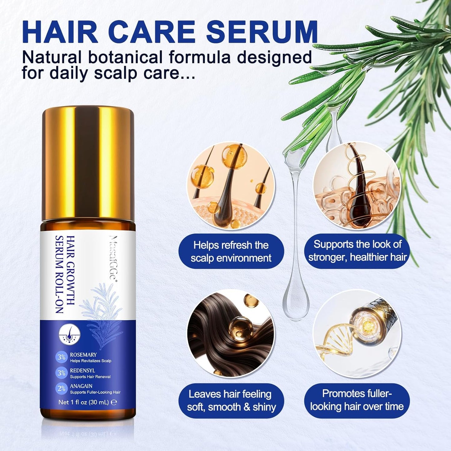 Hair Growth Serum Roll-On | Rosemary Oil for Men & Women - Supports Scalp Health, Fast-Absorbing, Non-Greasy