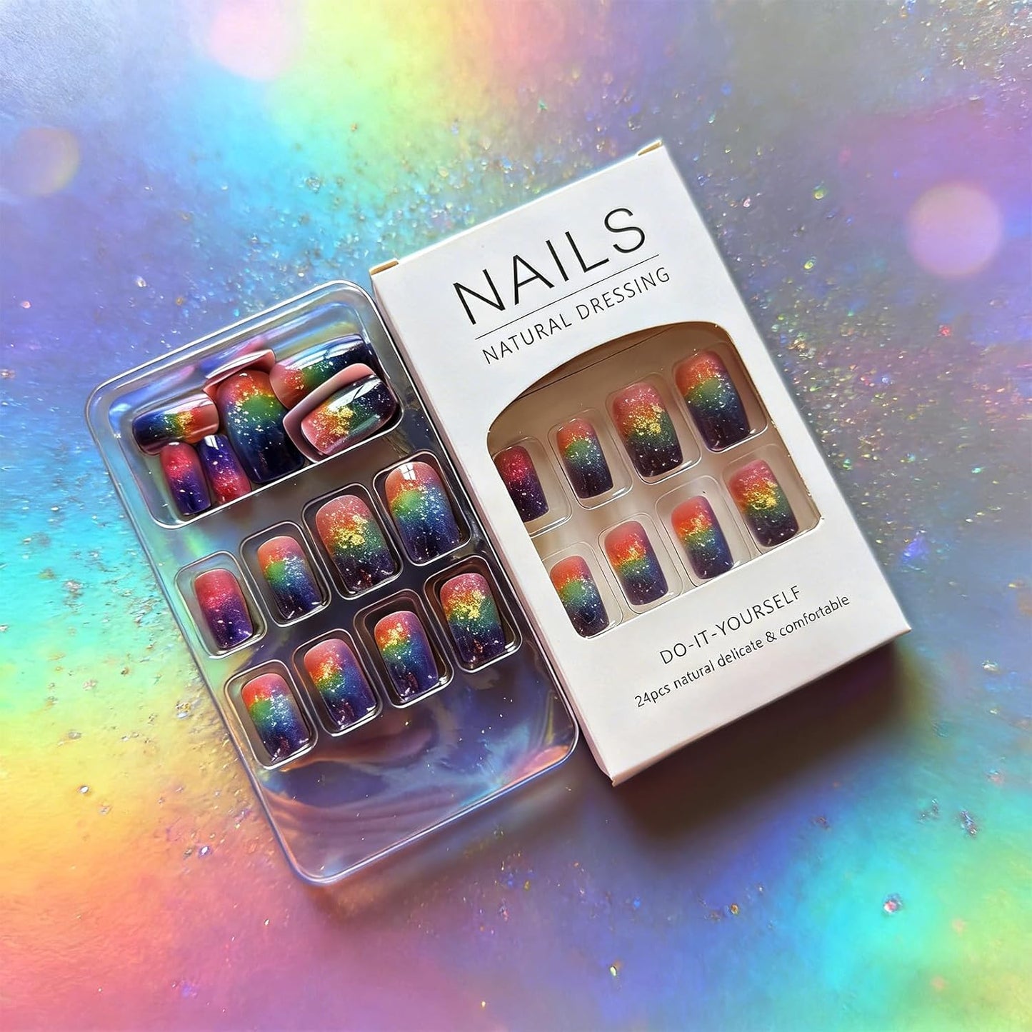 Press-On Nails - Aurora Starry Sky Multicolor Gradient | Glossy Full Cover Reusable 24 Pcs for Women