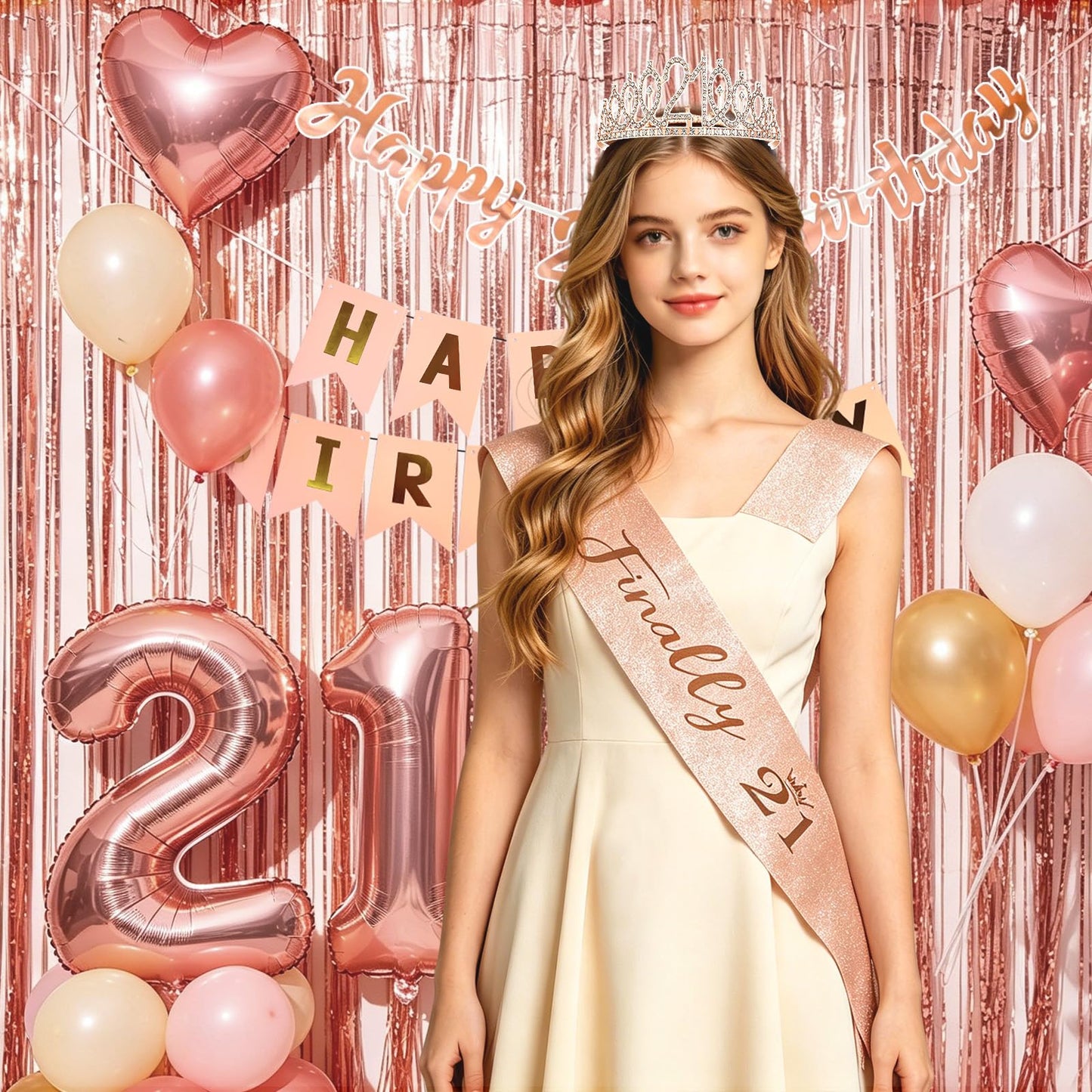 YGSEPCC 21 Birthday Decorations for Her, Rose Gold 21st Birthday Party Supplies 36Pcs, Birthday Sash Crown Tassel Curtains Foil Number Balloons Banner Cake Topper, 21 Young Lady Birthday Decorations