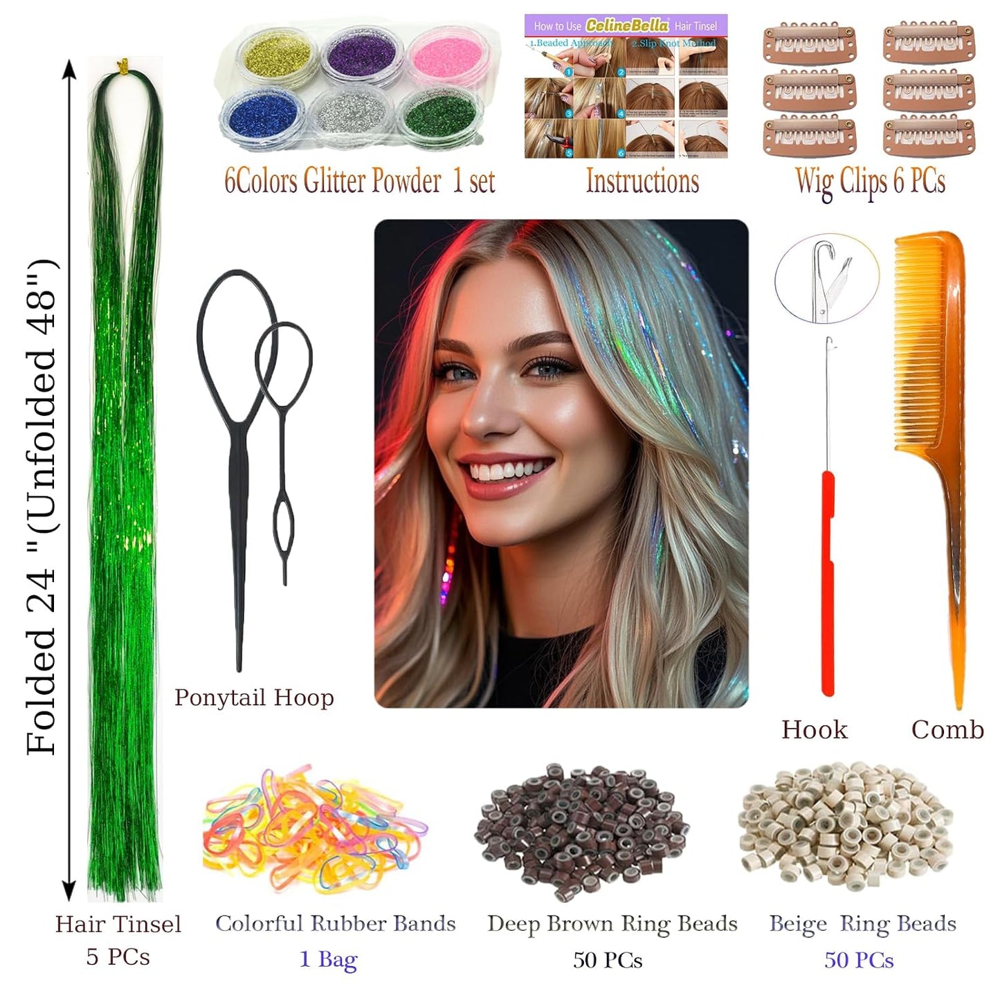 CelineBella Hair Tinsel - Emerald Green 48-Inch Glitter Strands | Sparkling Highlights for Parties & Cosplay