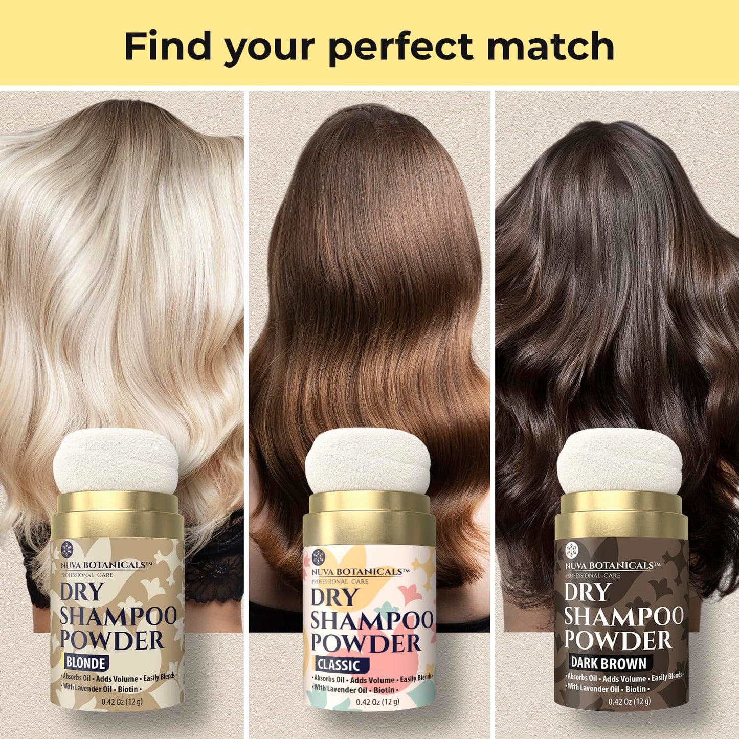 Nuva Botanicals Non Aerosol Dry Shampoo Powder with Biotin - Lavender Extract and Korean Ginseng - Volumizing Travel Dry Shampoo - Classic, Dark Brown and Blonde (0.42 oz, 3 Pack)