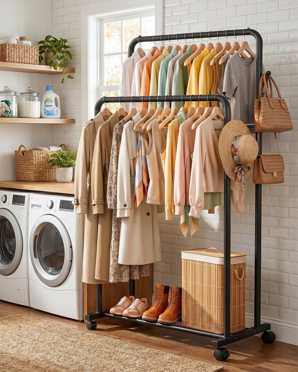 Delamu Clothes Rack Double Rods Clothing Racks for Hanging Clothes with Rolling Wheels, Metal Garment Rack with Hooks, Portable Wardrobe Rack Coat Rack with Shelfs for Bedroom, Laundry Room, Black