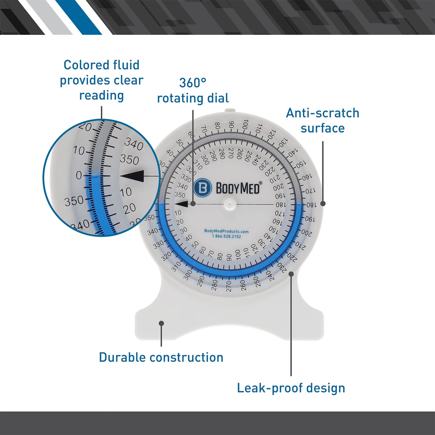 BodyMed Professional Inclinometer for Physical Therapy & Rehabilitation, Easy to Read, Test Range of Motion, Professional Rehab Tool
