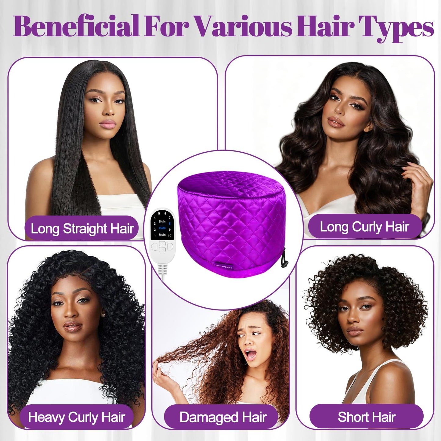 TEPENAR Hair Steamer for Deep Conditioning: Upgraded Heat Cap with 10-Level Fast Heating 3 Time Settings for Natural Hair Portable Thermal Steam Cap for Home Hair Treatment - Purple