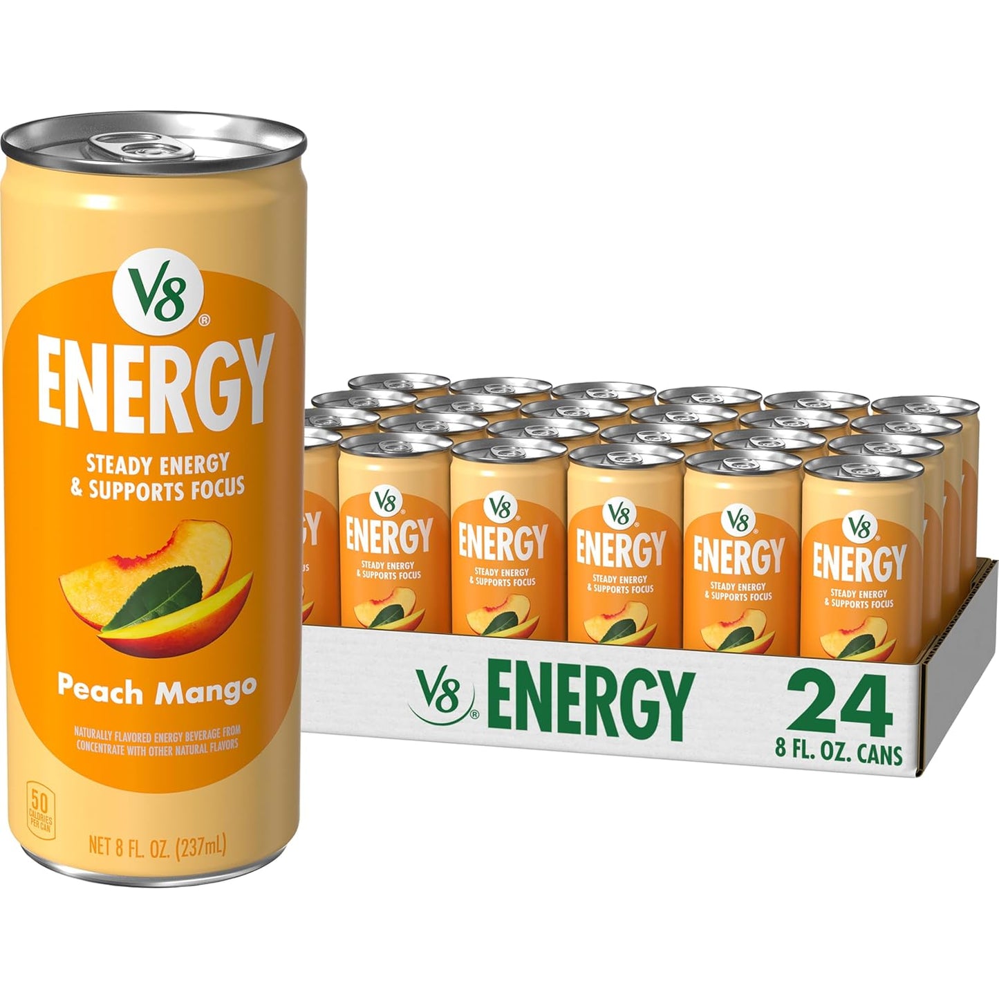 V8 Energy Peach Mango Energy Drink - 8 Fl Oz Can | 24 Pack of Refreshing Energy Boost
