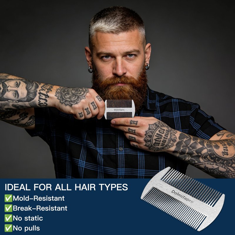 Dolmifapro 304 Stainless Steel Pocket Beard Comb for Men, Anti-Static Dual Fine Coarse Teeth Ultra-Thin Mustache Hair Grooming Comb with PU Leather Case (silvery)
