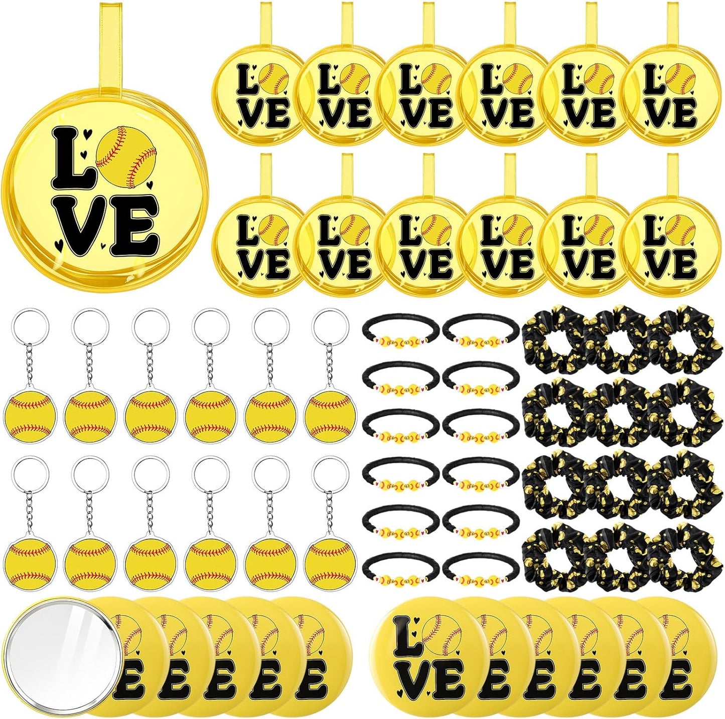 Softball Team Gifts - 60 Pcs Sports Accessories Set | PVC Cosmetic Bag, Keychains, Makeup Mirror & More
