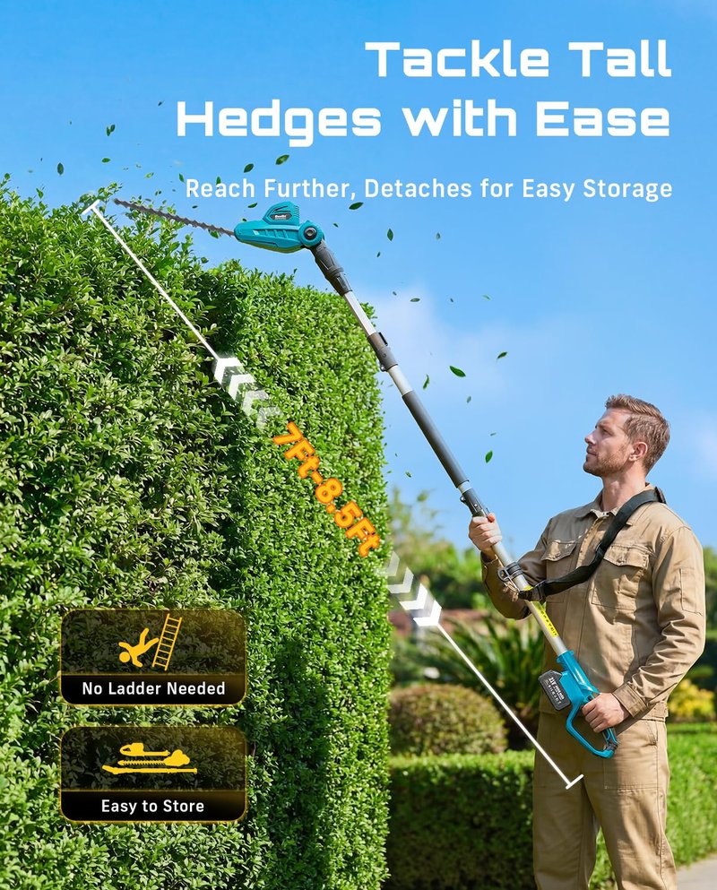 SEESII 20V Pole Hedge Trimmer Cordless, Electric Hedge Trimmer with Extension Pole, 8.5 FT Telescopic Pole with Shoulder Strap, 2 Packs 4.0Ah Batteries & Charger, Long Reach Bush Shrub Trimmer