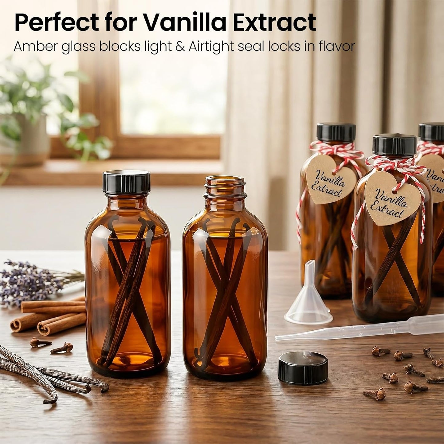Amber Glass Bottles - 24 Pack 8oz Boston Round with Airtight Caps for Extracts, Tinctures & Juices