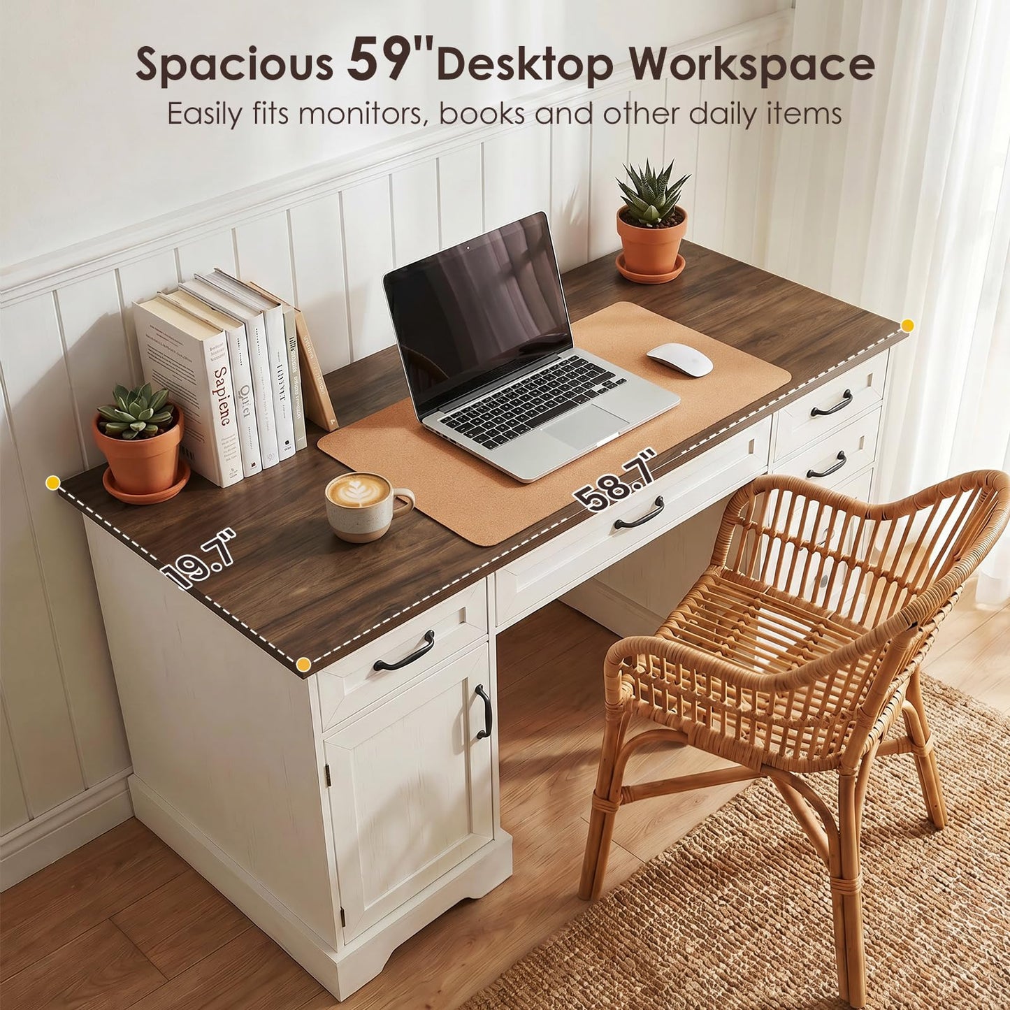 OffiGo 59 Inch Farmhouse Desk with Drawers, Executive Computer Desk with Charging Station, Wood File Cabinet Storage for Home Office, Walnut+White