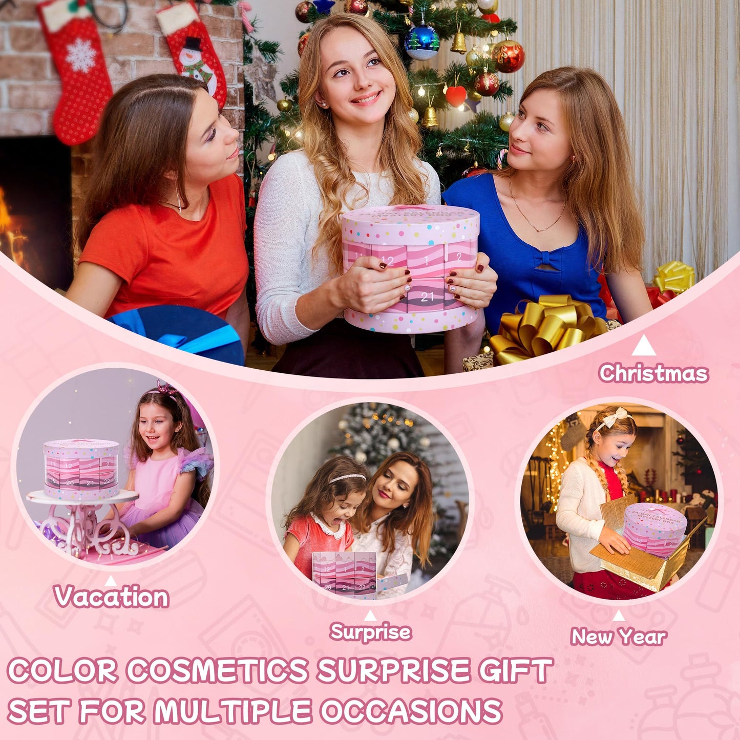 Crudetea 24 Pcs Exquisite Makeup Gift Set - Make Up Birthday Gift Set for Girls Ages 6-12, Makeup Gift Sets for Bday Countdown, Cosmetics Kit for Kids Teens #Pink
