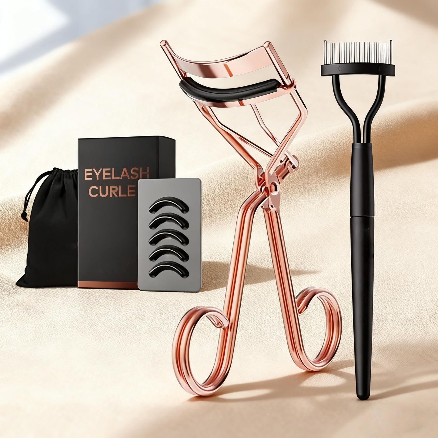Eyelash Curler with Comb, Rose Gold Lash Curler Kit with Replacement Pads, Professional Lash Lift Tool for Daily Makeup, Portable Makeup Tool for Home Use Travel