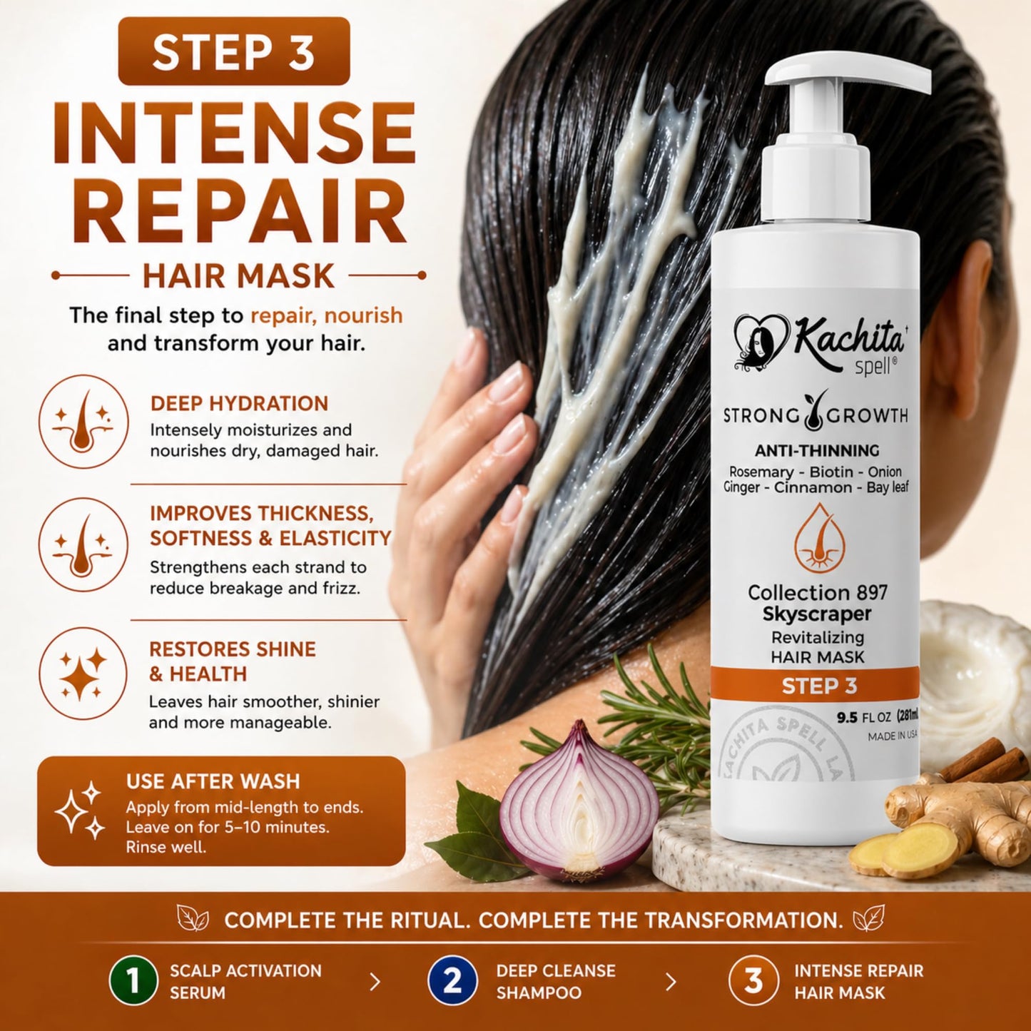 Kachita Spell Strong Growth Hair Care Set – Shampoo, Hair Mask & Serum with Biotin, Rosemary, Onion & Ginger – Anti-Thinning Hair Routine for Fuller, Stronger-Looking Hair, For Men & Women