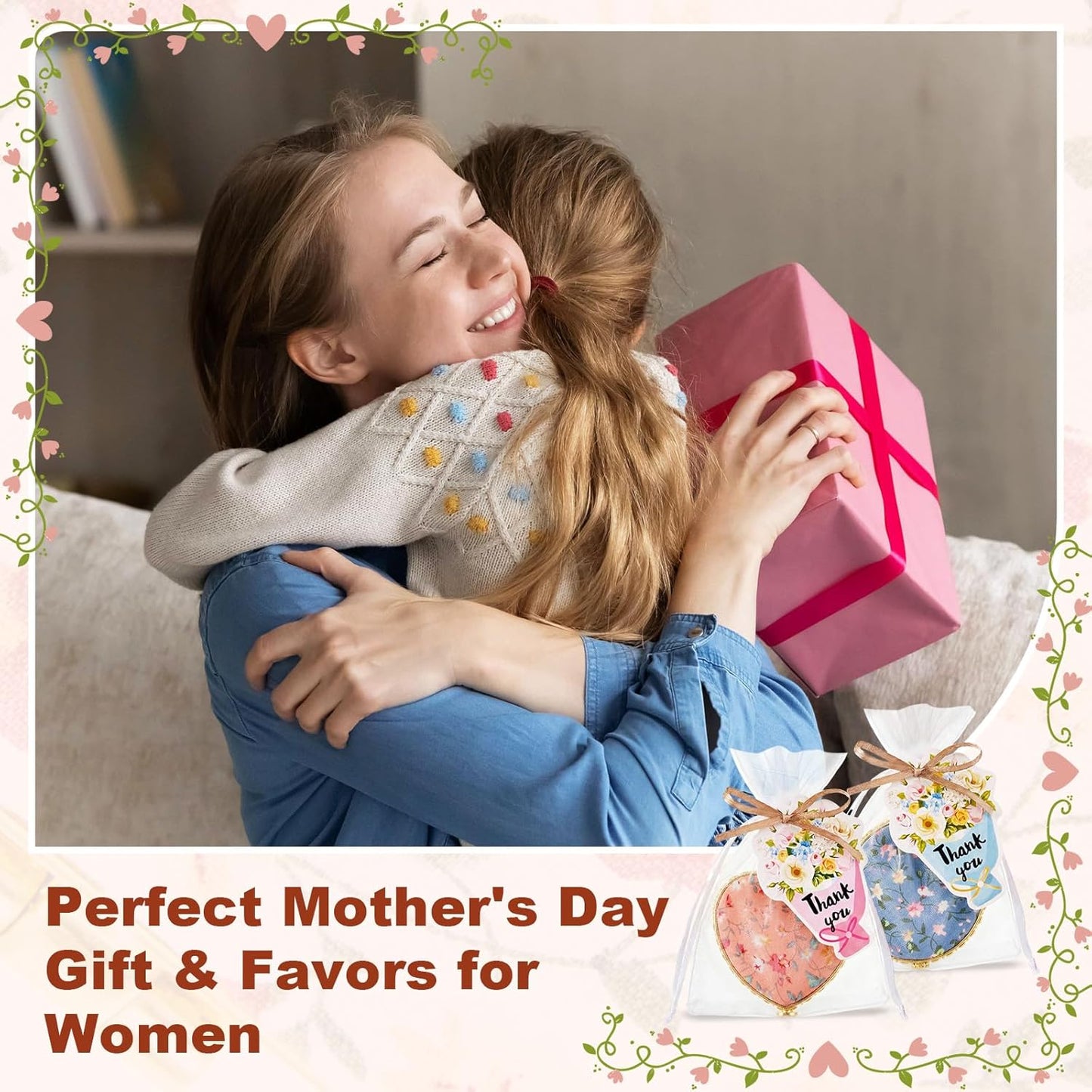 Compact Mirror Set for Women - Floral Pocket Mirrors with Organza Bags & Thank You Cards | Perfect for Diwali, Weddings & Parties