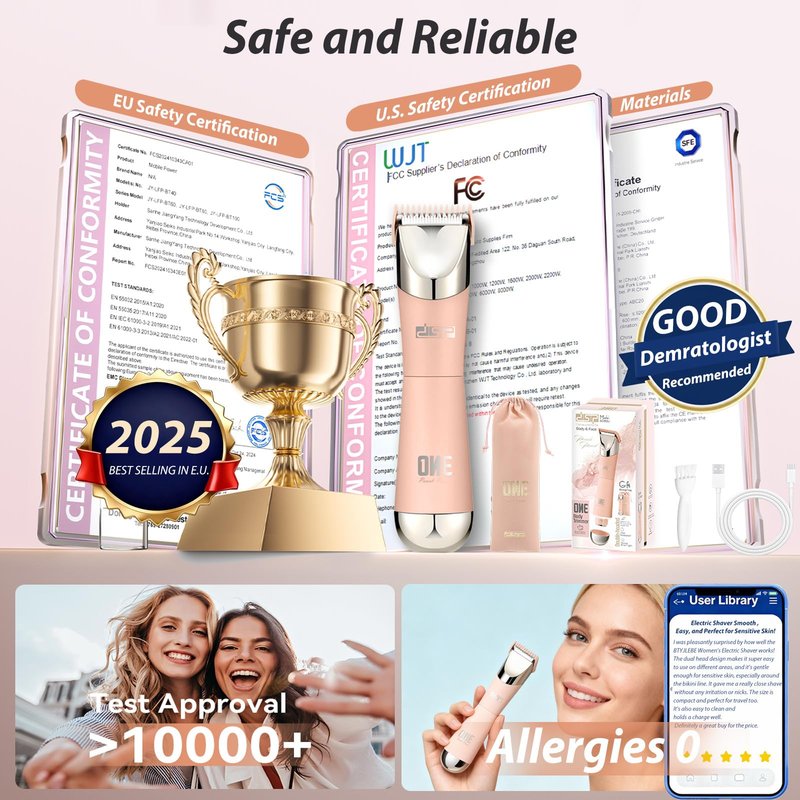 BTYJLEBE 5-in-1 Bikini Trimmer for Women Dual Head【German-TXO-Technology】-Painless-Blade Electric Razors 【IPX7 Waterproof】 Body Shaver for Underarm Leg Arm Body Face Pubic Hair with Storage Bag