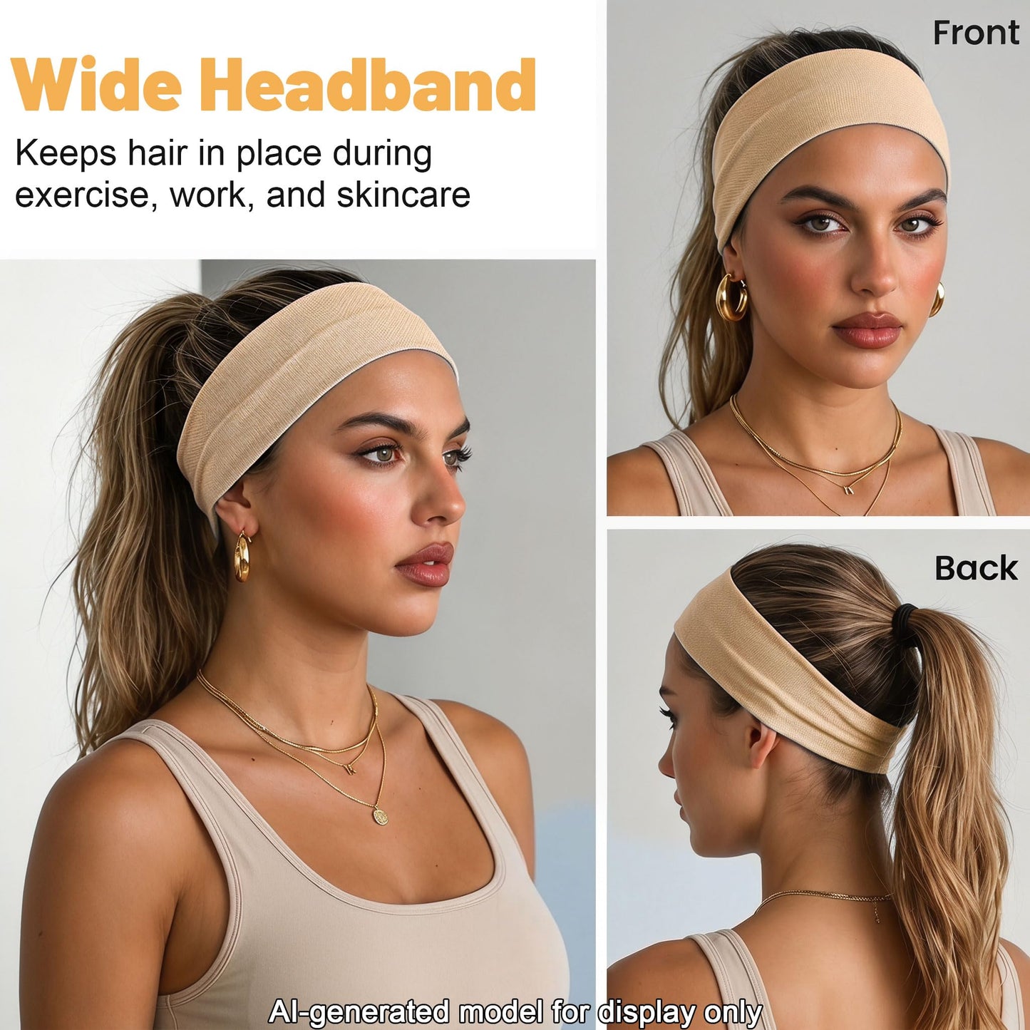WENNKINN Headbands for Women Non Slip, Soft 95% Cotton Elastic Cloth Hairband for Workout Gym Running Sports, Sweat Wicking Wide Headband, 3 Pack with Bag(Brown, Khaki, Military Green)