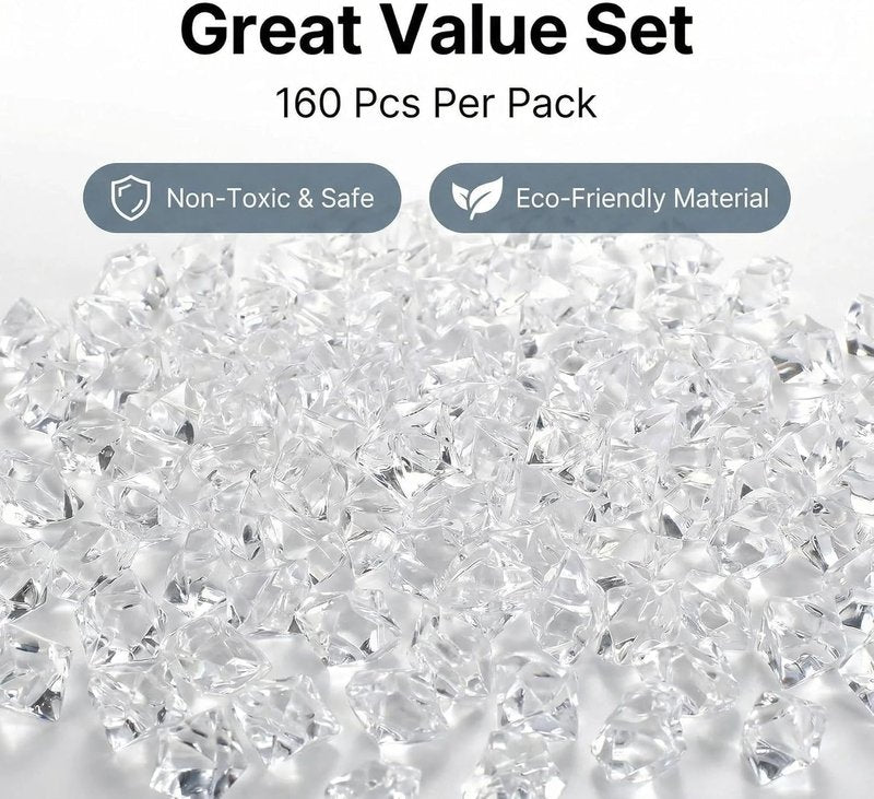 Fake Ice Cubes - 160 Pcs Acrylic Rocks for Vases | Decorative Gems, Sensory Bin Filler, Table Confetti