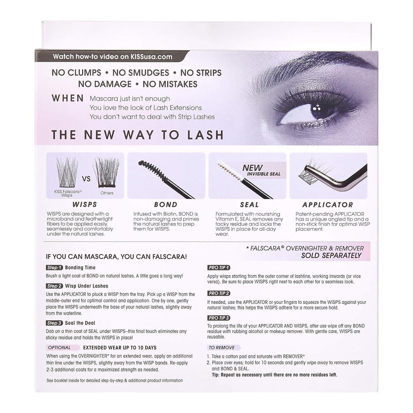 KISS Falscara Eyelash Extension Starter Kit - 10 Reusable Featherlight Wisps with Applicator, Bond & Seal
