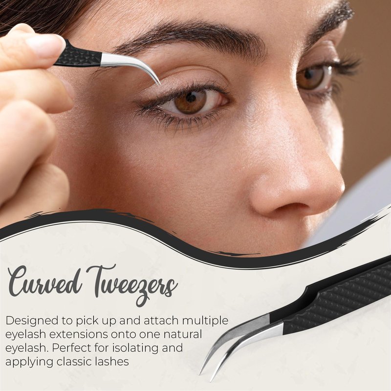 SV Lash Tweezers, Fiber Tip Lash Tweezers For Eyelash Extension With Diamond Grip, Set of 3 - Precise Tips Japanese Steel for Classic, Volume & Mega Volume Lashes, Tweezers for Travel (Black Case)