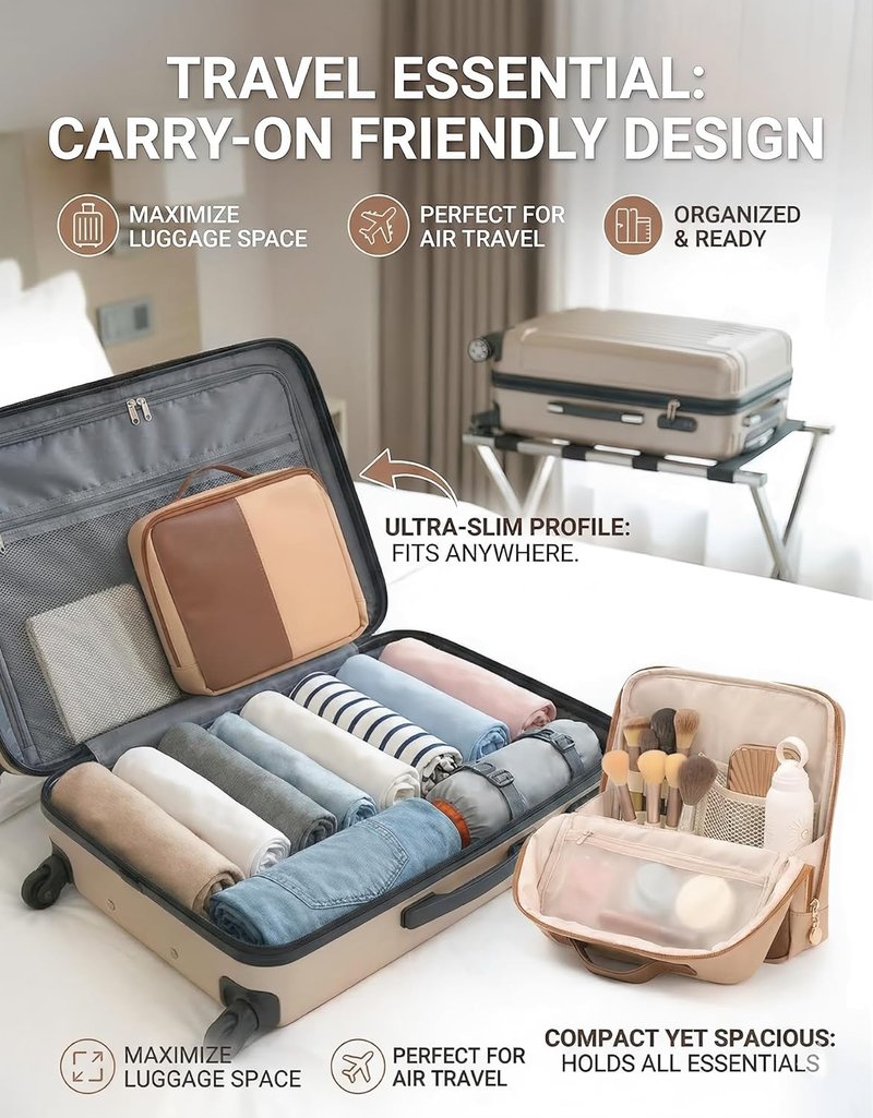 Large Makeup Bag - Sturdy PU Leather Cosmetic Organizer with Fold-Down Phone Tray | Waterproof Travel Toiletry Case, 9.5 Inch, Brown