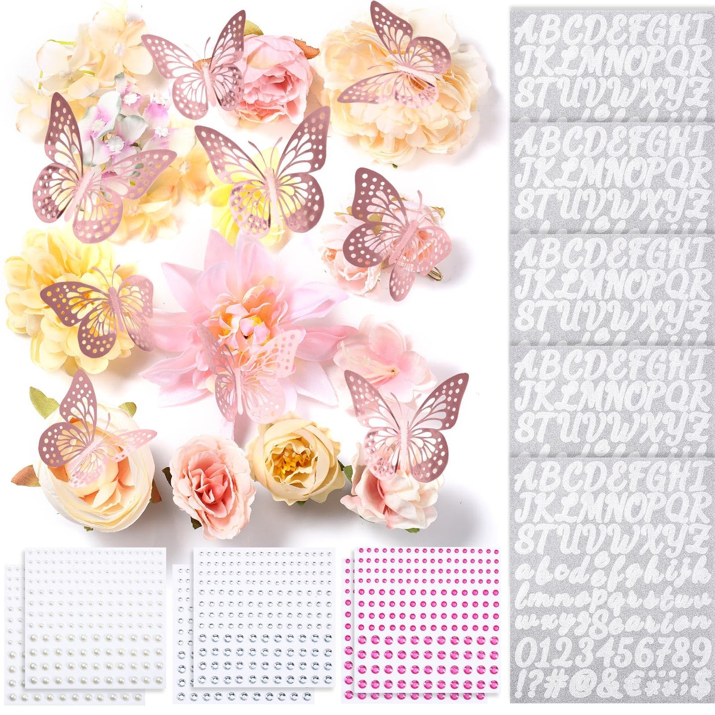 Hoteam DIY Graduation Cap Decorations Kit Included Faux Flowers 3D Butterfly Self Adhesive Rhinestones Glitter Alphabet Letter Stickers for 2026 Grad Cap Topper Party Gifts Decor(Pink)